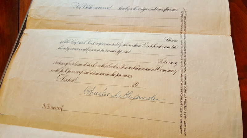 The back of the stock certificate.